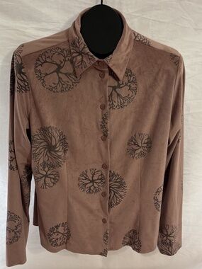 ROBERT KITCHEN Size L Pink Faux Suede Button Down Blouse Top Tree of Life